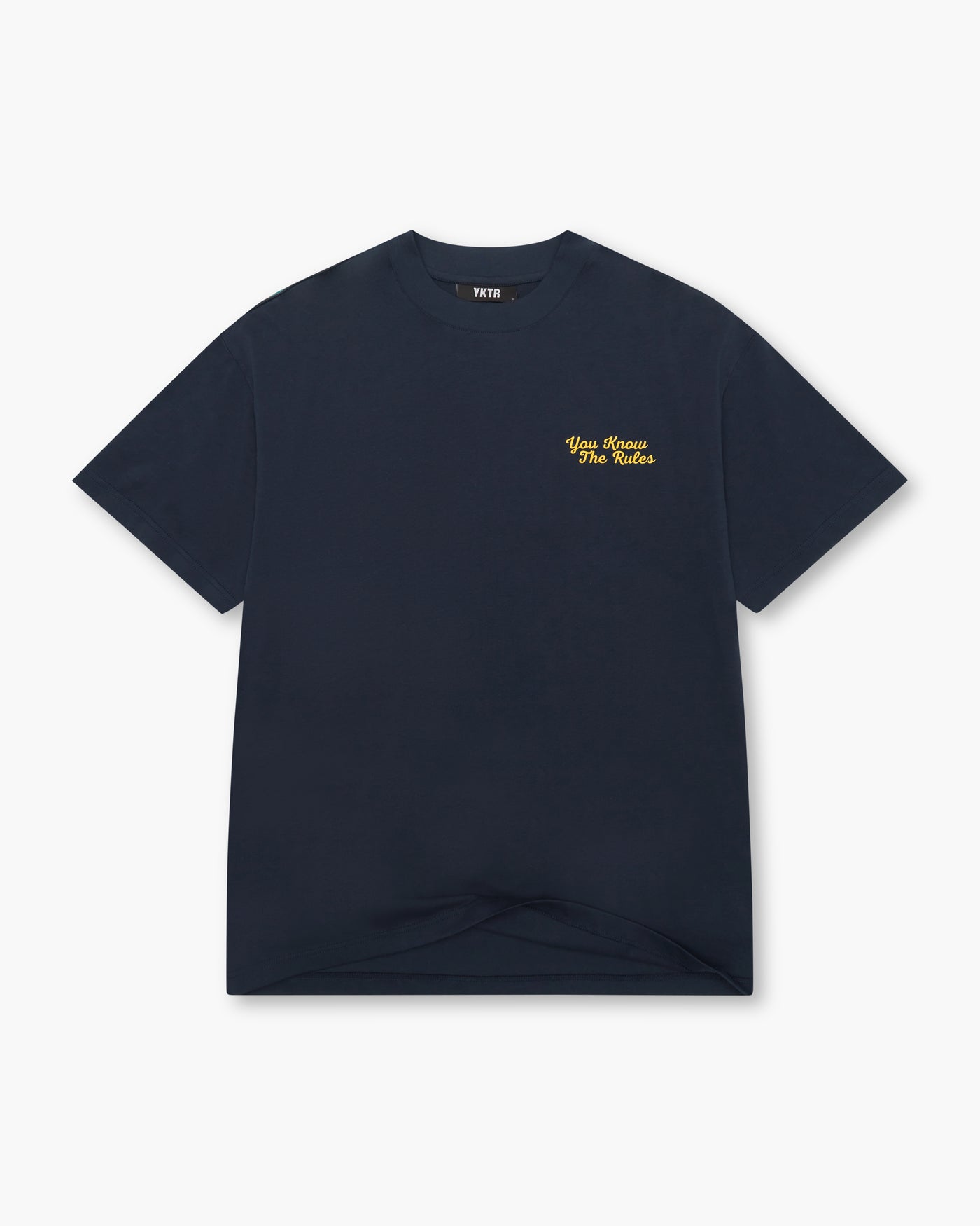 YKTR Link Chain Tee Navy with yellow chain stitch embroidery oversize