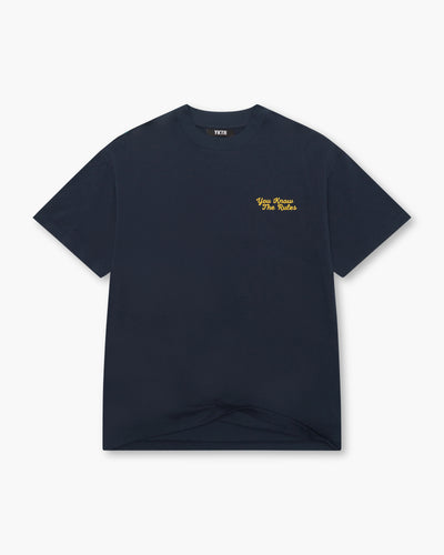 YKTR Link Chain Tee Navy with yellow chain stitch embroidery oversize