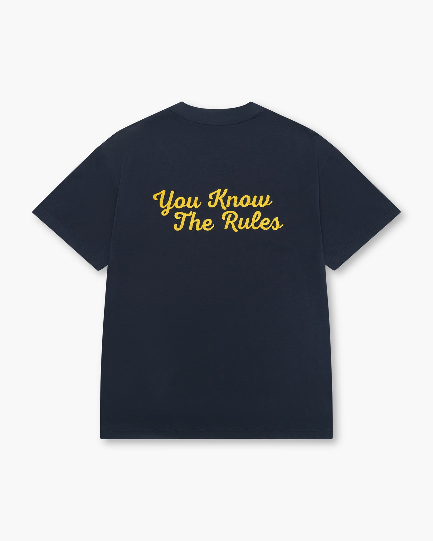 YKTR Link Chain Tee Navy with yellow chain stitch embroidery oversize